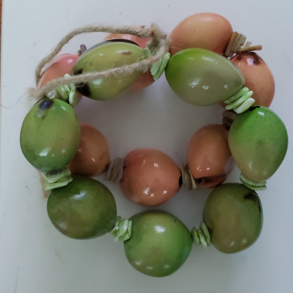 Puka Shell Tan and Green Double Bracelet Stretch